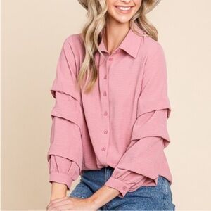 NWT Chic Pink Button-Down Shirt with Layered Sleeves